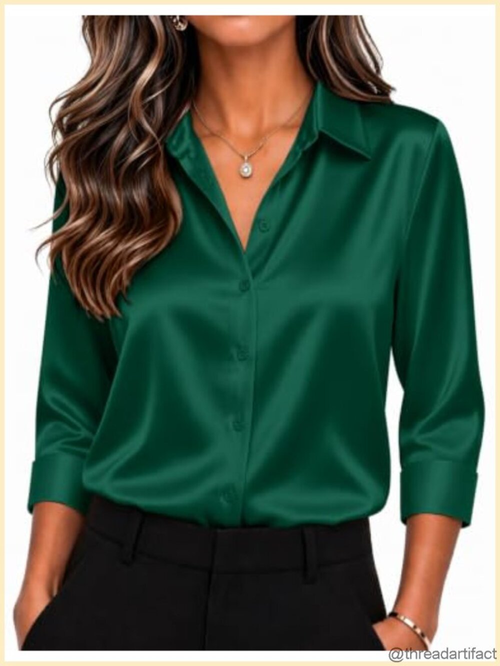 Women's Satin Button Down Blouse 3/4 Sleeve Dressy Office Top